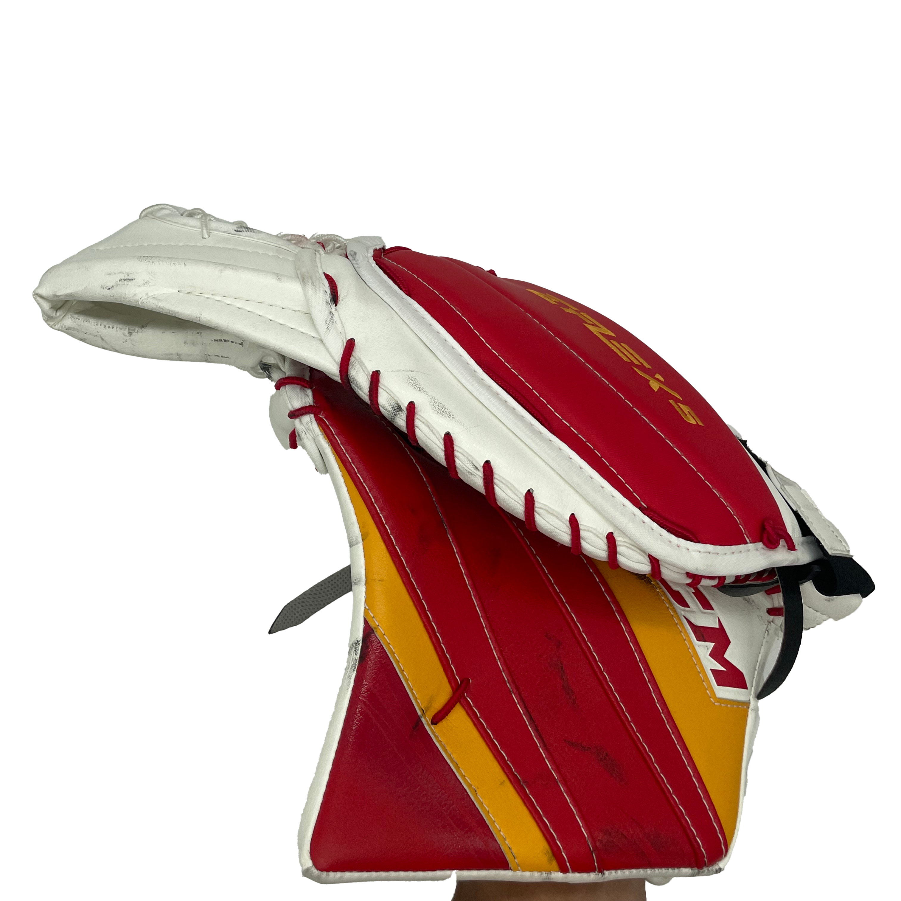 CCM Extreme Flex 5 - Gant de gardien de but de la LNH d'occasion - Jacob Markstrom (blanc/rouge/jaune)